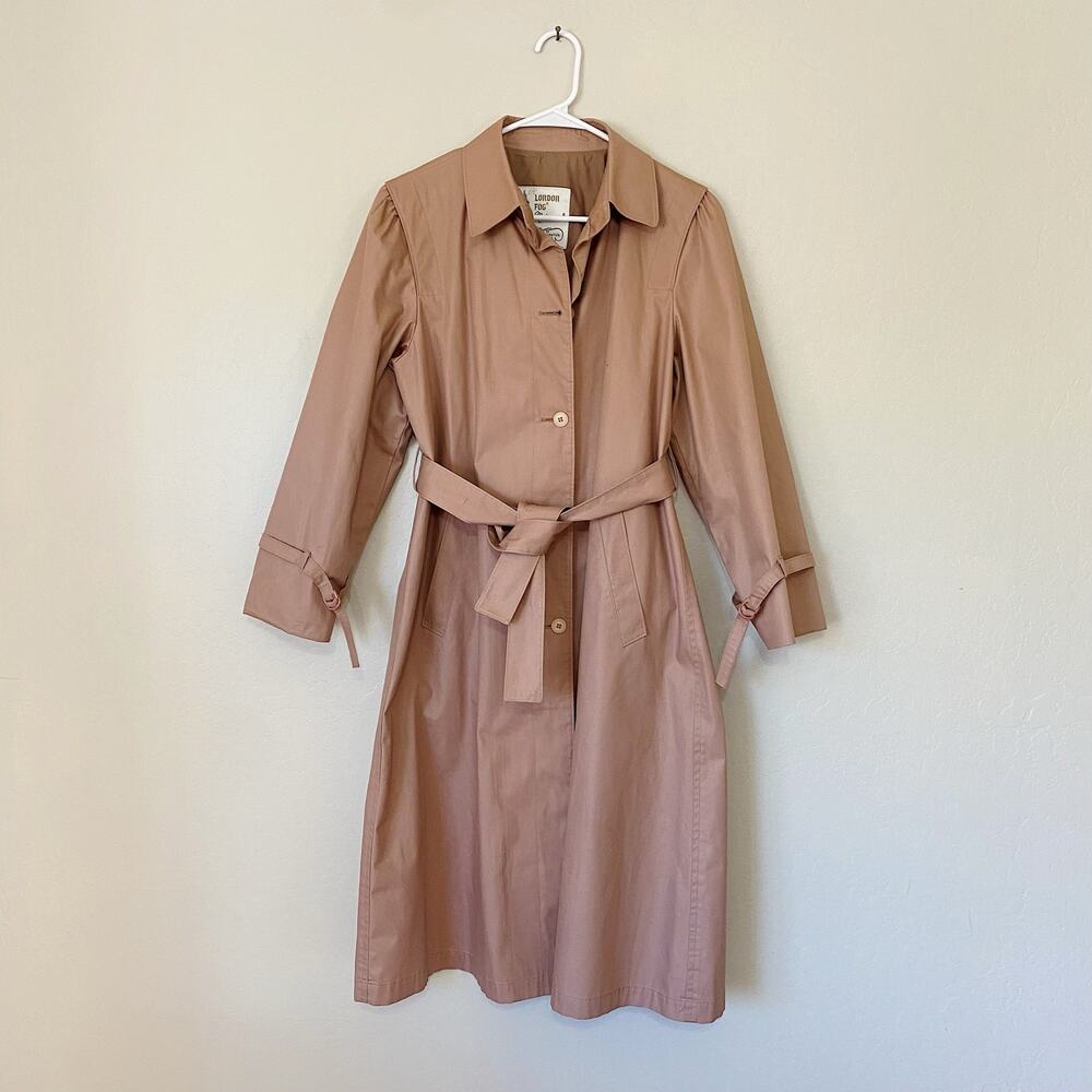 Vintage London Fog Pink Cotton Blend Belted Trench Coat Pea Coat Size 8P - Picture 2 of 7